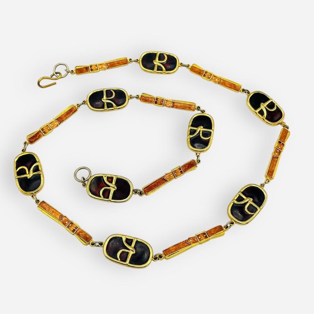 Vintage Roberta Di Camerino Belt Brown Enamel Buckle Gold Chain Logo R Necklace